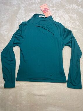 Heart Hips Teal Cutout Neck Top Long Sleeve Stretch Blouse NWT L